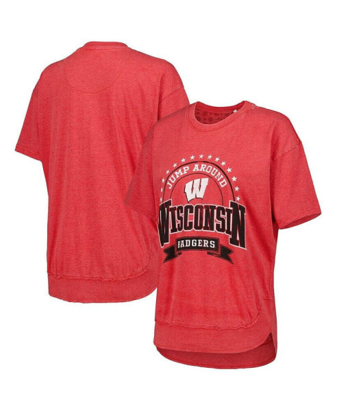 Women's Heather Red Distressed Wisconsin Badgers Vintage-Like Wash Poncho Captain T-shirt