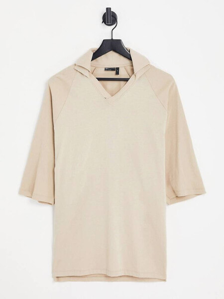ASOS DESIGN oversized polo with rib sleeves and pique collar in beige