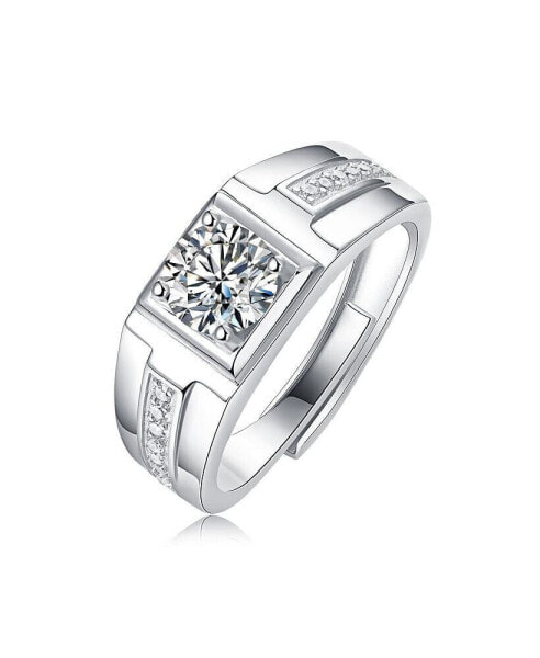 Fathers Day Special: Sterling Silver White Gold Plated 1ctw Princess Cut Lab Created Moissanite Solitaire Pave Trim Engagement Men & Women Anniversary Adjustable Ring