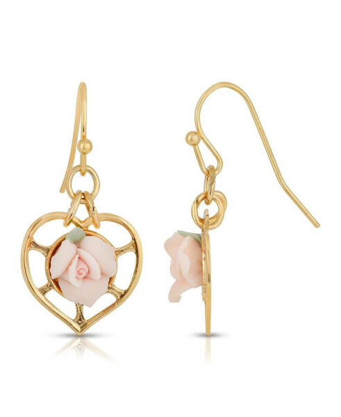 14K Gold-Dipped Heart with Porcelain Rose Earrings