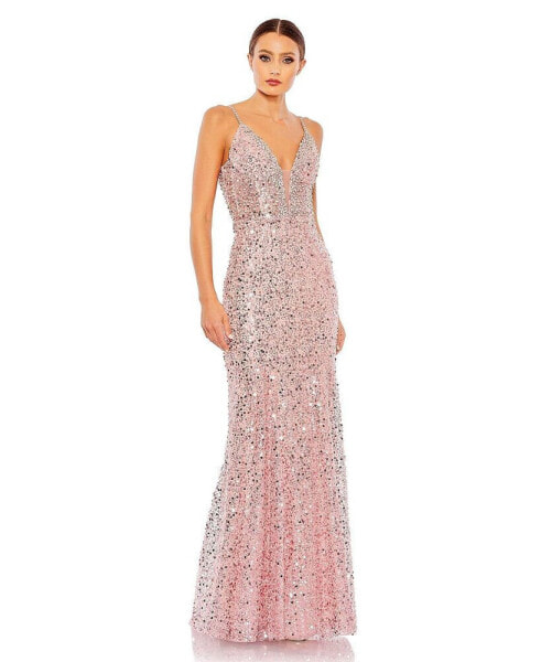 Women's Embellished Plunge Neck Sleeveless Trumpet Gown