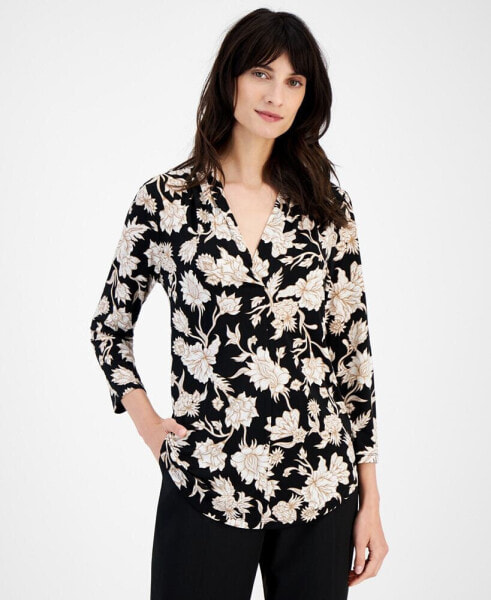 Women's Floral-Print 3/4-Sleeve V-Neck Top, Created for Macy's