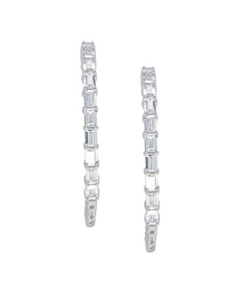Fine Silver Plated Cubic Zirconia Baguette and Round inside and Out Hoop Earrings