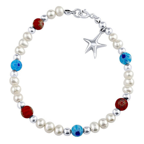 Sterling Silver Triton Bracelet with Real Pearls, Star and Colored Beads PRM20261BPW