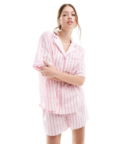 ASOS DESIGN woven stripe short sleeve shirt & boxer short pyjama set in pink