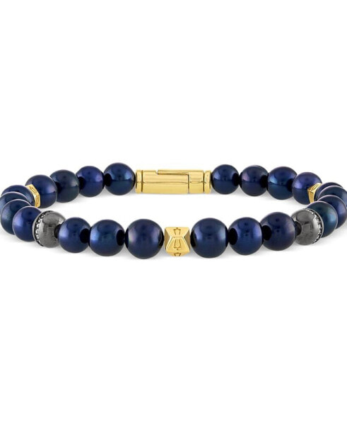 Men's Marine Star Blue Freshwater Pearl (8mm) & Diamond (1/5 ct. t.w.) Beaded Bracelet in 14k Gold-Plated Sterling Silver