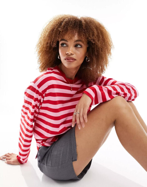 Monki long sleeve top in red and pink stripes