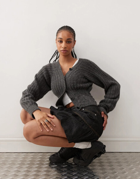 COLLUSION knit button up cropped cardi in grey