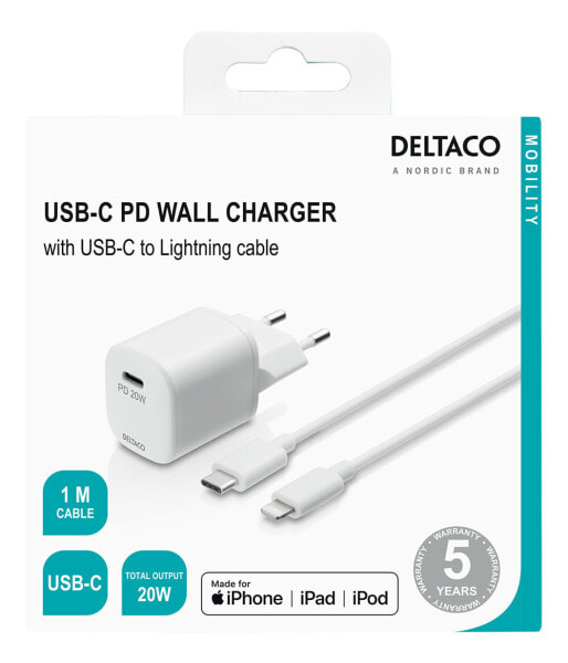 Зарядное устройство DELTACO USB-C PD с Lightning кабелем 1 м белое