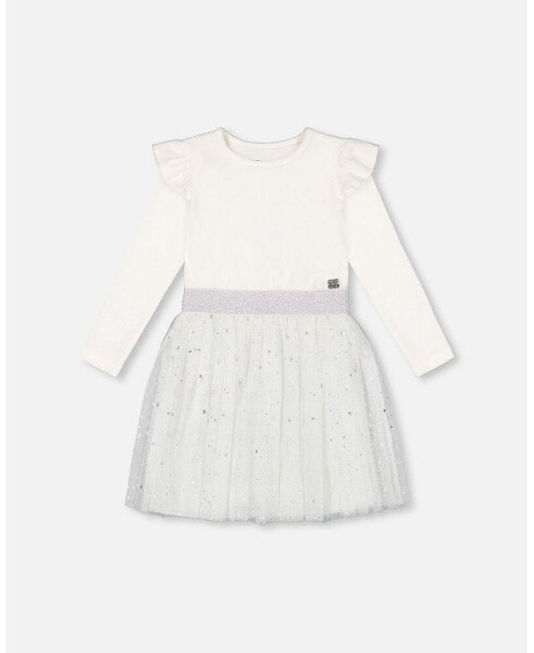 Big Girls Long Sleeve Dress With Glittering Tulle Skirt Off White