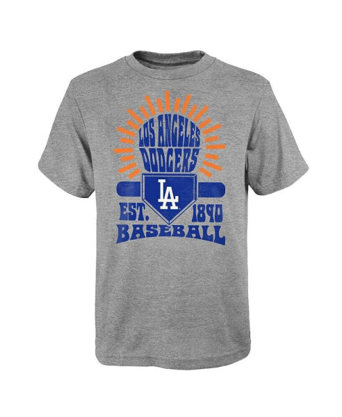Big Boys Gray Distressed Los Angeles Dodgers Sun Burst T-shirt