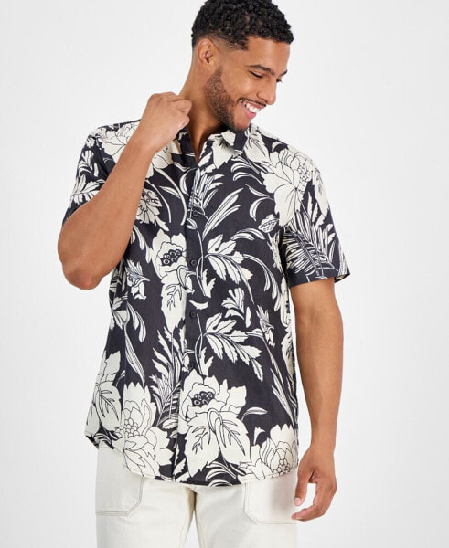 Men's Island Botanical-Print Button-Down Linen Shirt