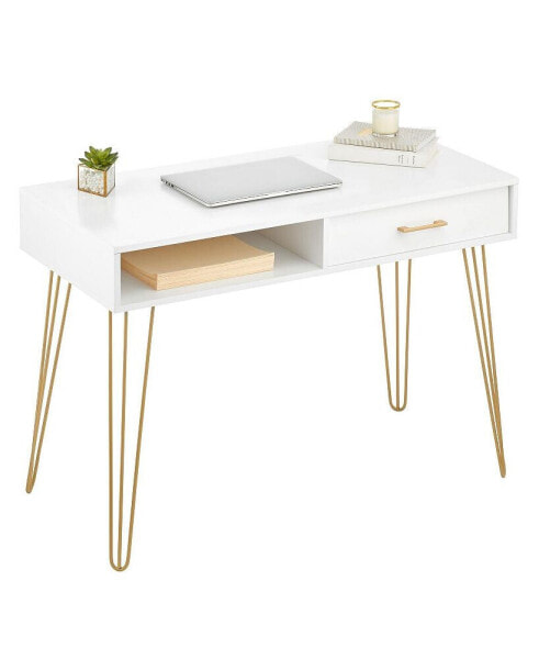 Metal/Wood Modern Computer Desk, Simple Desk w/ Drawer, White/Soft Brass