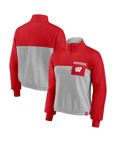Свитшот Fanatics женский Red, Heathered Gray Wisconsin Badgers Sideline to Sideline Colorblock Quarter-Zip Jacket