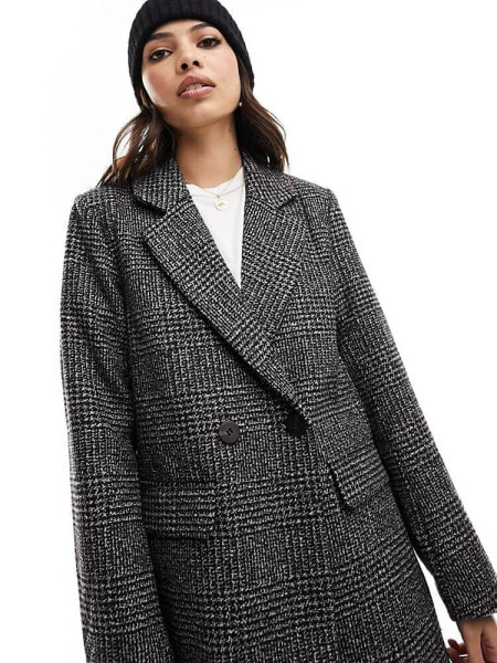 Vila double breasted wool blazer coat in grey check 