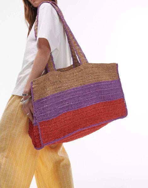 Topshop Tatum straw tote bag in red and purple stripe