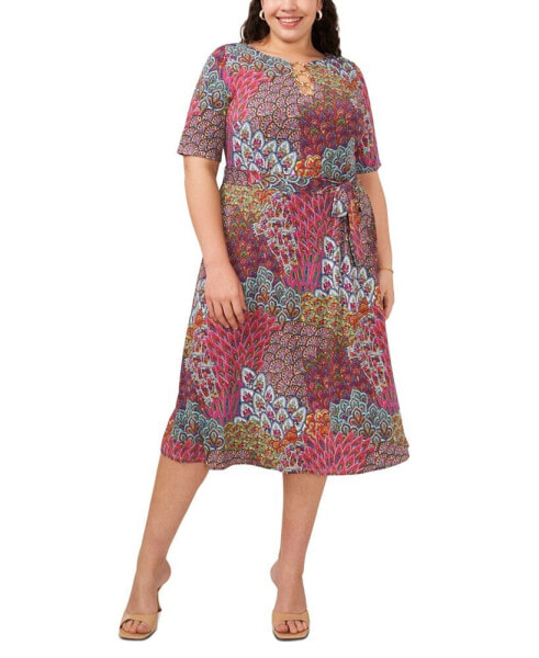 Plus Size Printed Tie-Waist Hardware A-Line Dress