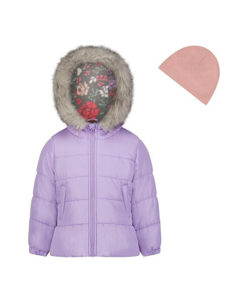 Toddler Girls Solid with Faux Fur Trim Jacket and Fleece Beanie Set