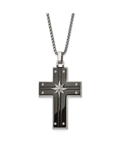 Black IP-plated Cross Starburst Pendant Box Chain Necklace