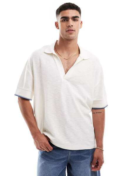 ASOS DESIGN oversized polo with revere collar in cream