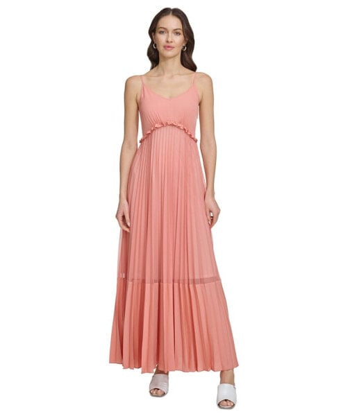 Women's Solid Tiered Pleated Sleeveless Mesh Maxi Dress