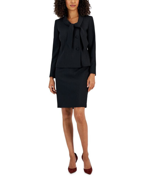 Women's Crepe Three-Button Tie-Collar Jacket & Slim Pencil Skirt Suit