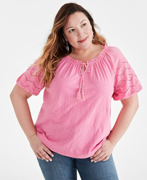 Plus Size Eyelet Puff-Sleeve Split-Neck Cotton Top, Created for Macy's