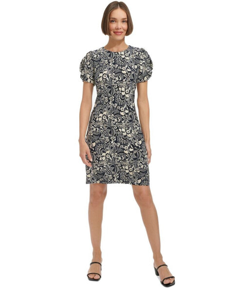 Petite Printed Round-Neck Ruched-Sleeve Dress