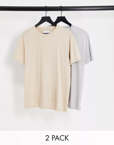 Topman 2 pack regular essentials t-shirt in stone and light grey