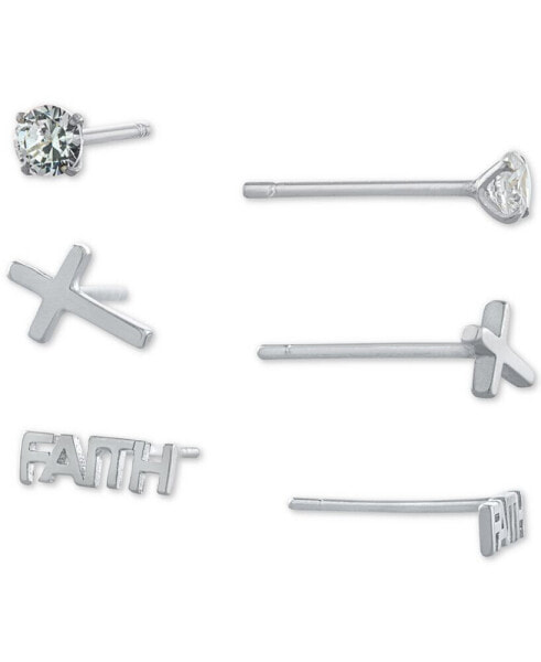3-Pc. Set Cubic Zirconia & Faith-Themed Stud Earrings in Sterling Silver, Created for Macy's