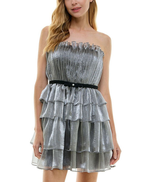 Juniors' Strapless Belted Tiered Dress