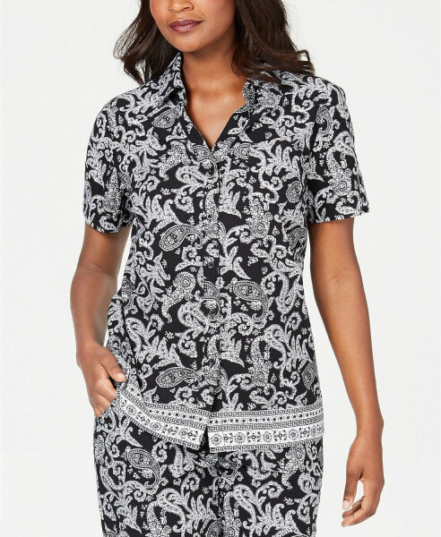 Karen Scott Petite Short Sleeve Paisley Parade Nutton Up Top Black Combo PS