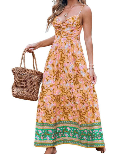 Women's Orange Floral Sweetheart Twist & Keyhole Maxi Beach Dress