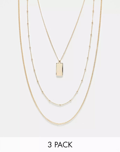 ASOS DESIGN 3 pack necklace with bar pendant in gold tone