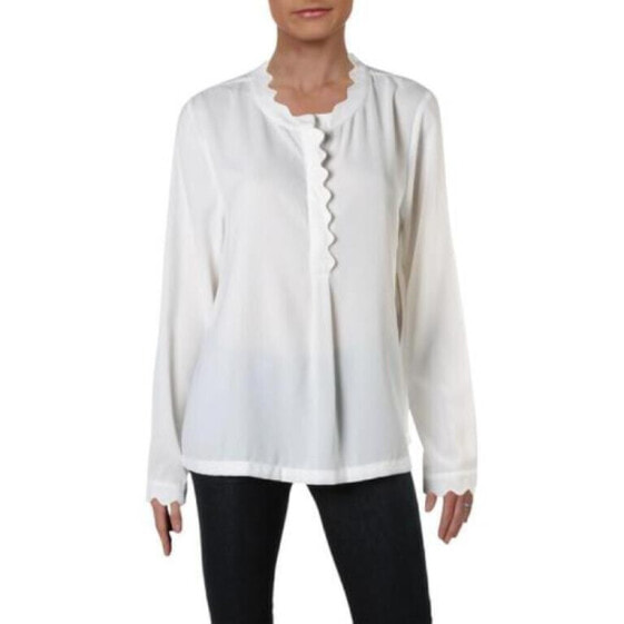 Aqua Womens Crepe Scalloped Blouse White L