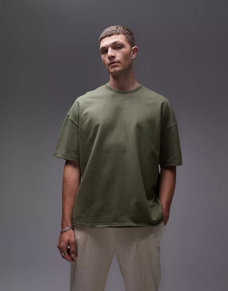 Topman extreme oversized fit washed t-shirt with raw sleeve and hem in washed khaki