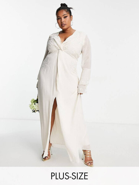 Hope & Ivy Plus Bridal tiered sleeve embroidered maxi dress in ivory