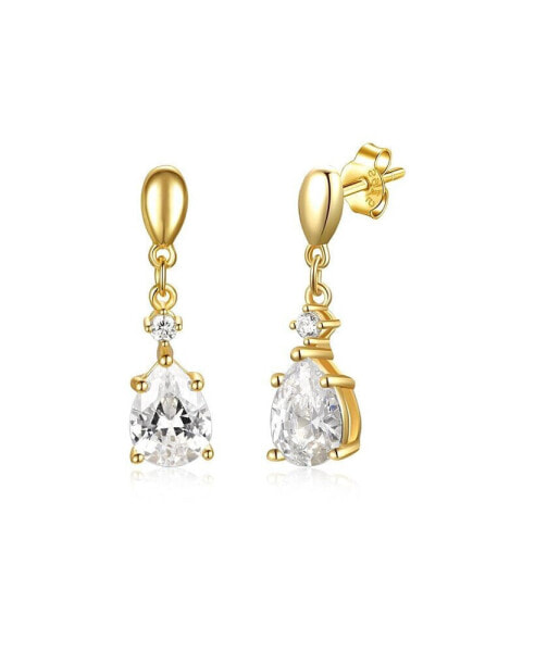 14k Gold Plated with Cubic Zirconia Raindrop 2-Stone Dangle Earrings in Sterling Silver