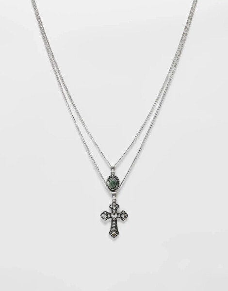 Reclaimed Vintage unisex 2 row with heart cross and faux gem pendant