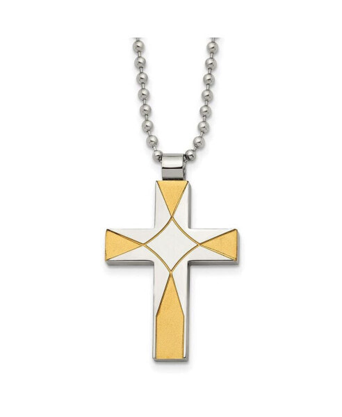 Chisel brushed Yellow IP-plated Cross Pendant Ball Chain Necklace