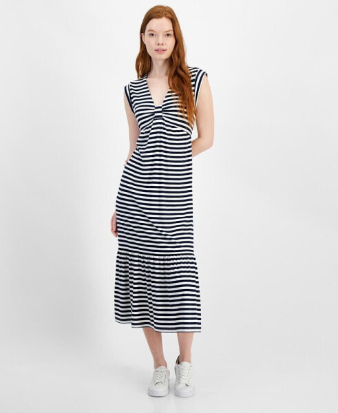 Women's Striped Tiered Sleeveless Midi Dress