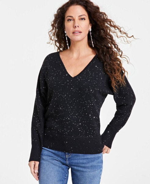 Women's Sequin-Shine V-Neck Sweater, Created for Macy's