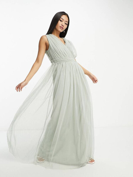 Anaya Bridesmaid v neck ruffle waist maxi dress in sage green