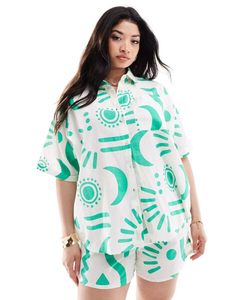 Yours linen shirt in green print co-ord