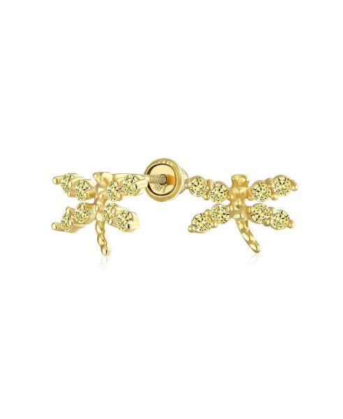 Tiny Cubic Zirconia Canary Yellow Simulated Citrine CZ Dragonfly Firefly Butterfly Stud Earrings Real 14K Yellow Gold Screw back