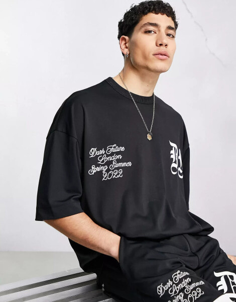 ASOS Dark Future co-ord oversized t-shirt with gothic text print and embroidery in black