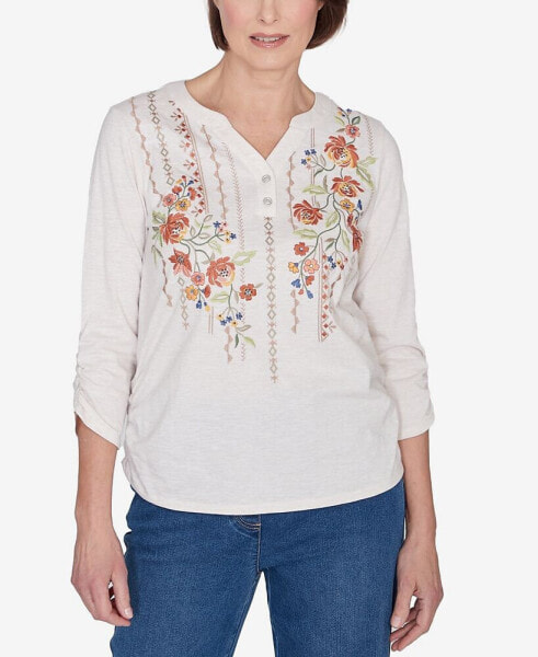 Scottsdale Women's Falling Floral Embroidered Henley Top