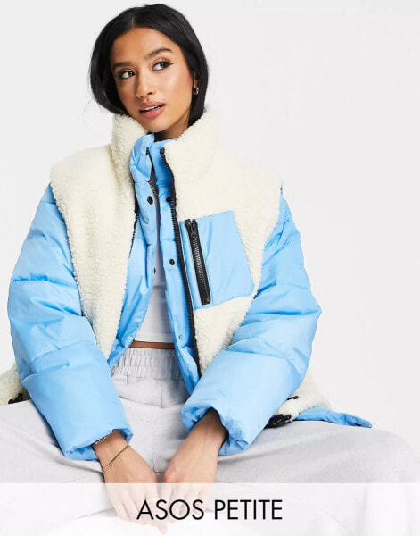 ASOS DESIGN Petite puffer jacket with detachable borg gilet in blue and cream