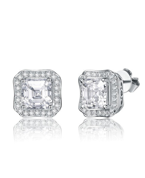 Sterling Silver White Gold Plated with 2.50ctw Radiant Lab Created Moissanite Halo Vintage like Geometric Square Stud Earrings