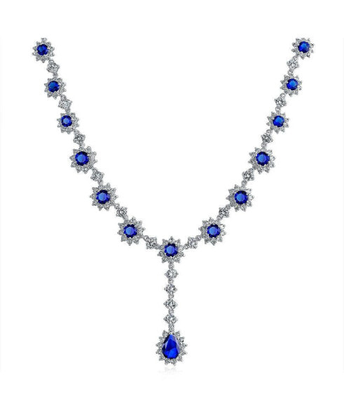 Antique Style Bridal Oval Crown Halo AAA CZ Royal Blue Simulated Sapphire Y Collar Necklace For Women Wedding
